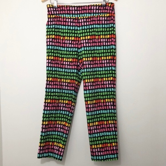 Krazy Larry Pants Womens 12 Black Rainbow Box Pull On Stretch Cropped Colorful - Picture 1 of 8